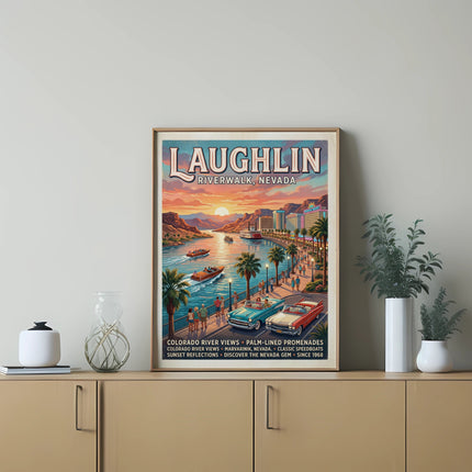 Laughlin Riverwalk, Nevada vintage poster with riverboats and classic cars.