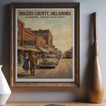 Vintage poster of Rogers County, Oklahoma, with a couple, cars, and streetcar.