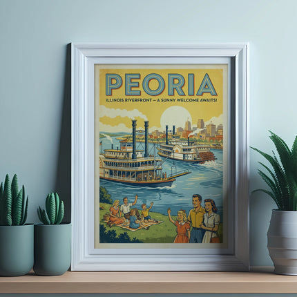 Vintage poster of Peoria, Illinois riverfront with steamboats and families.