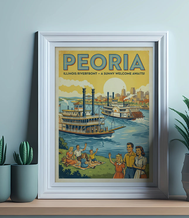 Vintage poster of Peoria, Illinois riverfront with steamboats and families.