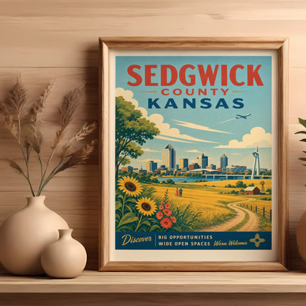 Sedgwick County Kansas travel poster with cityscape, sunflowers, and mountains.