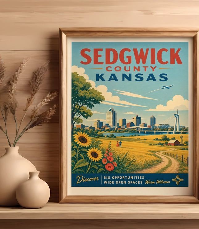 Sedgwick County Kansas travel poster with cityscape, sunflowers, and mountains.