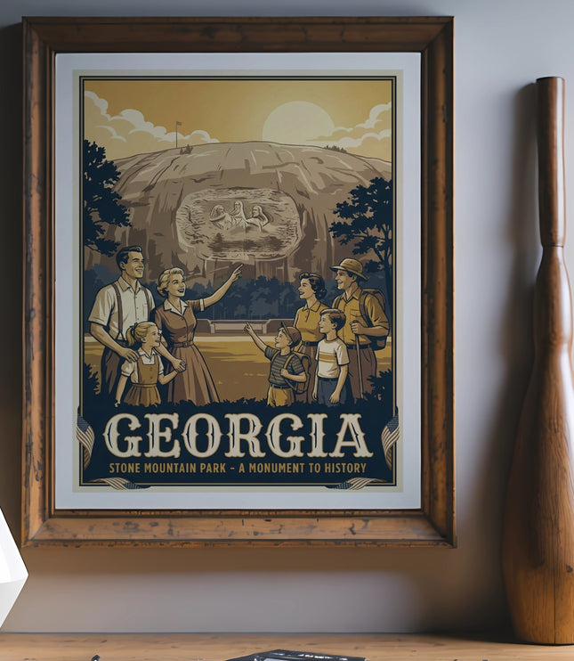 Framed art print depicting a family at Stone Mountain Park, Georgia monument.