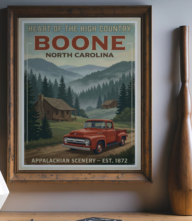 Vintage poster of Boone, North Carolina with red truck and Appalachian scenery.