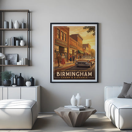 Art print of Birmingham, Michigan with vintage stores, a classic car, and the text "Birmingham Charm & Elegance."