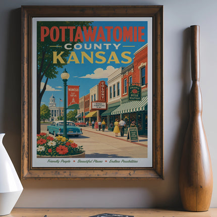 Pottawatomie County, Kansas poster with Wamego town scene and text.