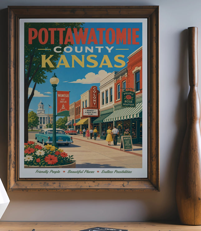 Pottawatomie County, Kansas poster with Wamego town scene and text.