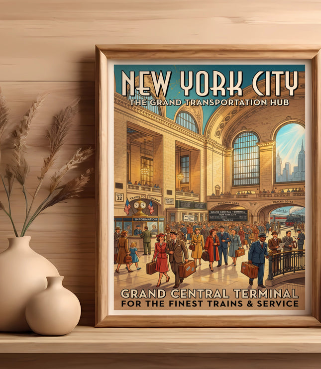 New York City poster depicting Grand Central Terminal with people and trains.