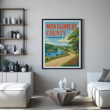 Montgomery County, Kansas travel poster with road, trees, and river.