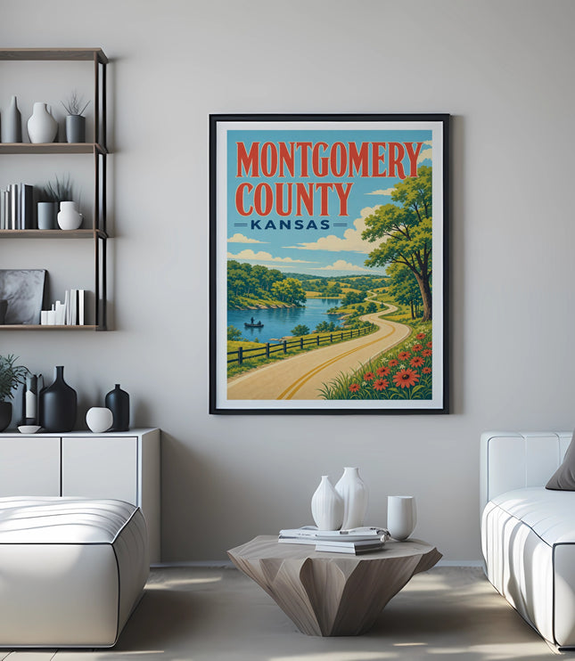Montgomery County, Kansas travel poster with road, trees, and river.