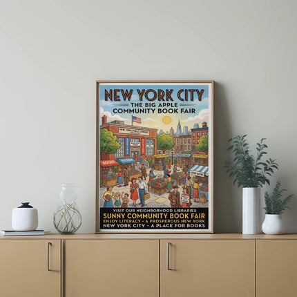 New York City Community Book Fair poster with library and book stalls.