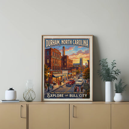 Poster of Durham, North Carolina depicting Bull City with American Tobacco Co. and stores.