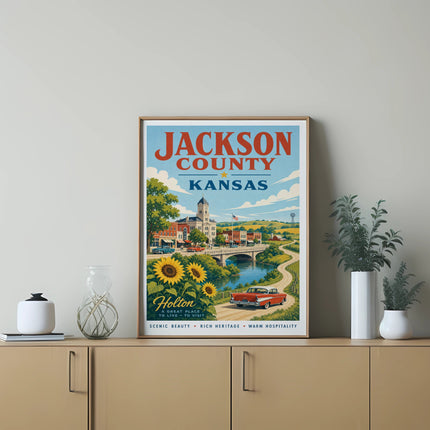 Jackson County, Kansas poster featuring Holton, vintage car, and scenic landscape.