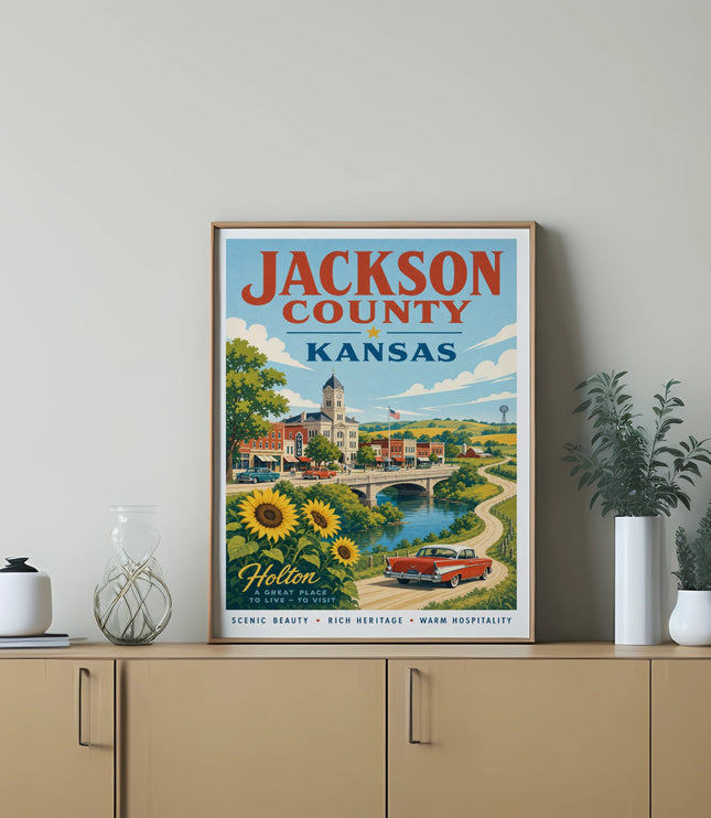 Jackson County, Kansas poster featuring Holton, vintage car, and scenic landscape.