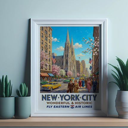 New York City vintage travel poster with Eastern Air Lines logo.