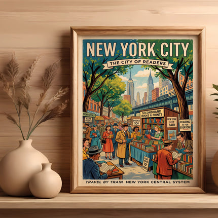 Vintage New York City travel poster featuring a city scene with buildings and people.