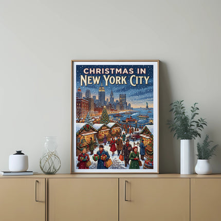 Christmas in New York City illustrated poster with festive market scene.