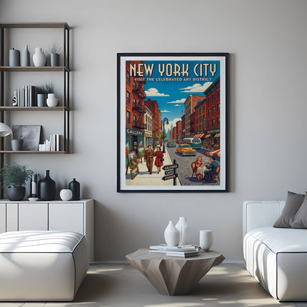 New York City art district poster with galleries, cafes, and a bookstore.