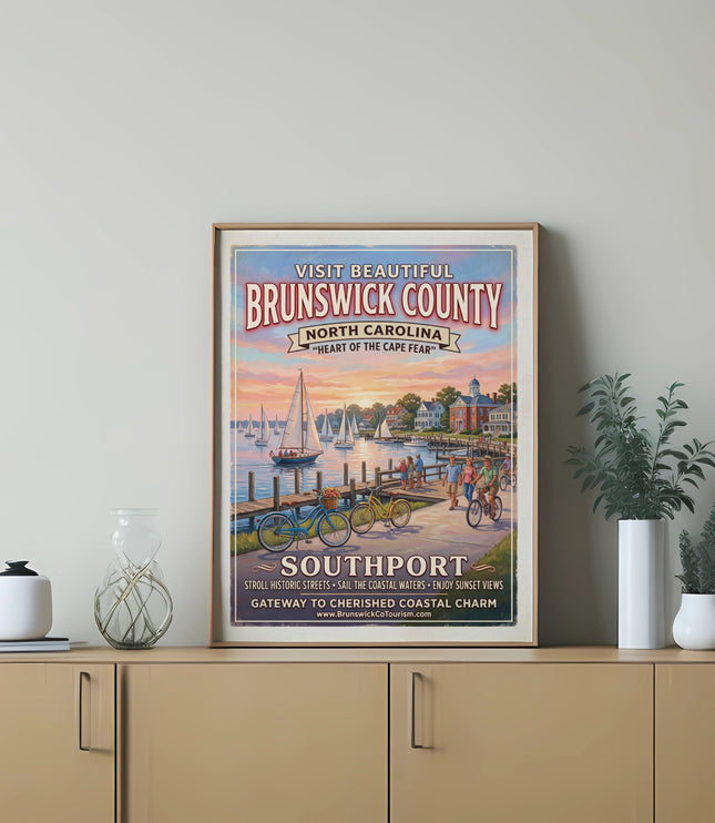 Vintage poster of Southport, Brunswick County, North Carolina with sailboats and people biking.