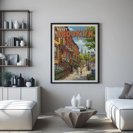 Framed "Visit the Heart of Brooklyn New York City" art print above a coffee table between two sofas.