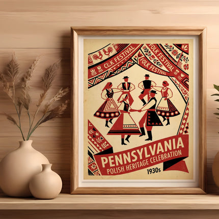Framed folk art poster for Pennsylvania Polish Heritage Celebration, 1930s.