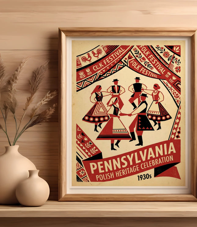 Framed folk art poster for Pennsylvania Polish Heritage Celebration, 1930s.