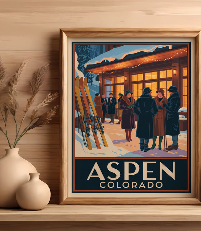 Vintage travel poster for Aspen, Colorado with people in winter coats and skis.