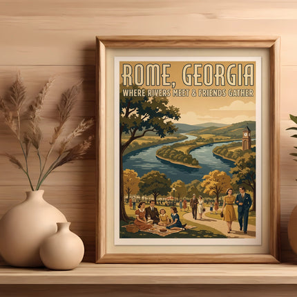 Framed vintage travel poster of Rome, Georgia, with people picnicking by a river.