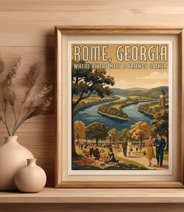 Vintage poster of Rome, Georgia featuring a winding river, park, and people, with text.