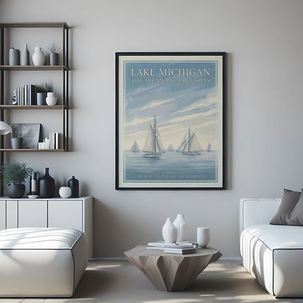 Framed poster of Lake Michigan with sailboats above a white sofa and coffee table.
