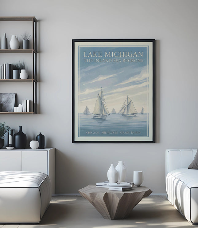 Framed poster of Lake Michigan with sailboats above a white sofa and coffee table.