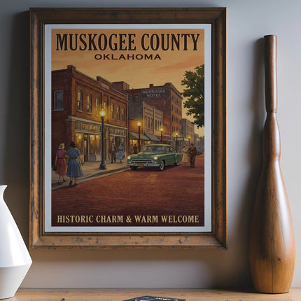 Framed art of Muskogee County, Oklahoma with a vintage street scene and text.