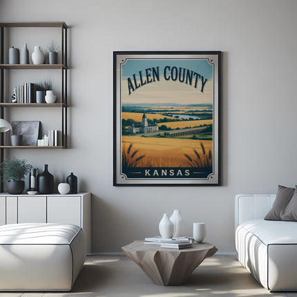 Allen County, Kansas landscape poster on wall above sofa.