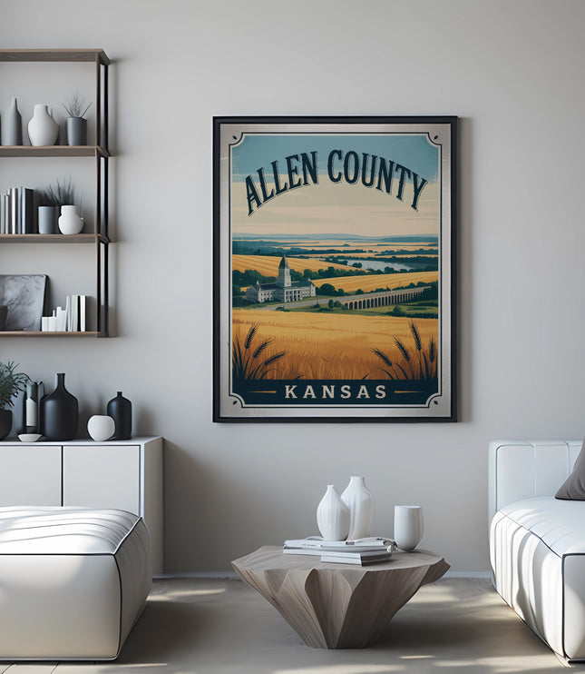 Allen County, Kansas landscape poster on wall above sofa.