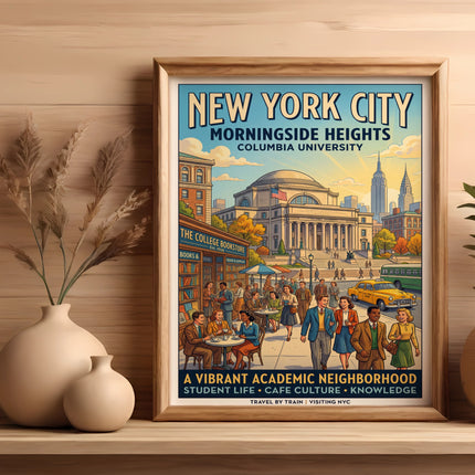 New York City Morningside Heights illustration with people and buildings.