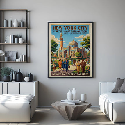 New York City poster advertising the Islamic Cultural Center, served by N.Y. Central Lines.