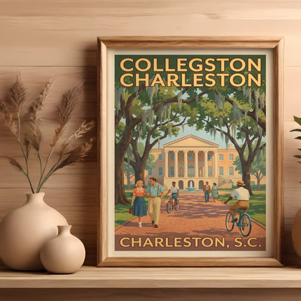 Collveston Charleston vintage poster with people and building.