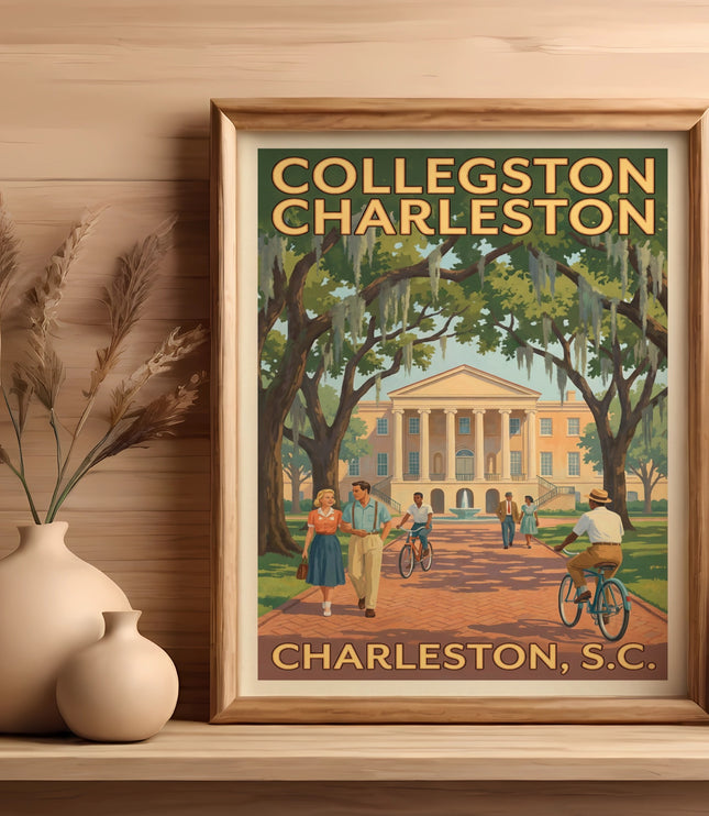 Collveston Charleston vintage poster with people and building.