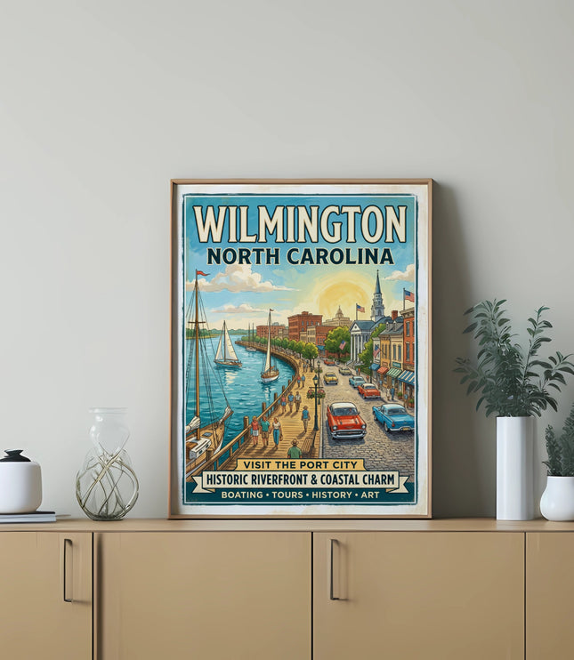 Vintage poster of Wilmington, North Carolina depicting historic riverfront and coastal charm.