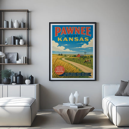 Pawnee County Kansas vintage travel poster with farm scene and text.