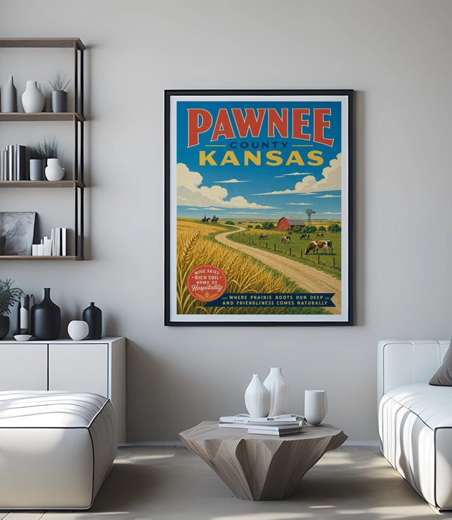 Pawnee County Kansas vintage travel poster with farm scene and text.