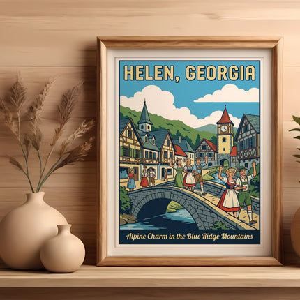 Wooden framed poster of Helen, Georgia with alpine buildings and text.