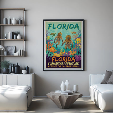 Vintage Florida submarine adventure travel poster featuring divers and sea life.