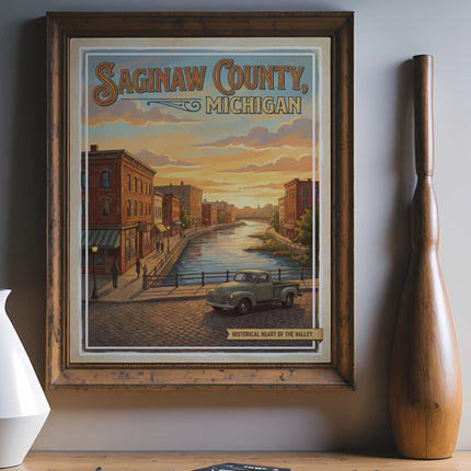 Saginaw County, Michigan art print with vintage truck and river, "Historical Heart of the Valley".