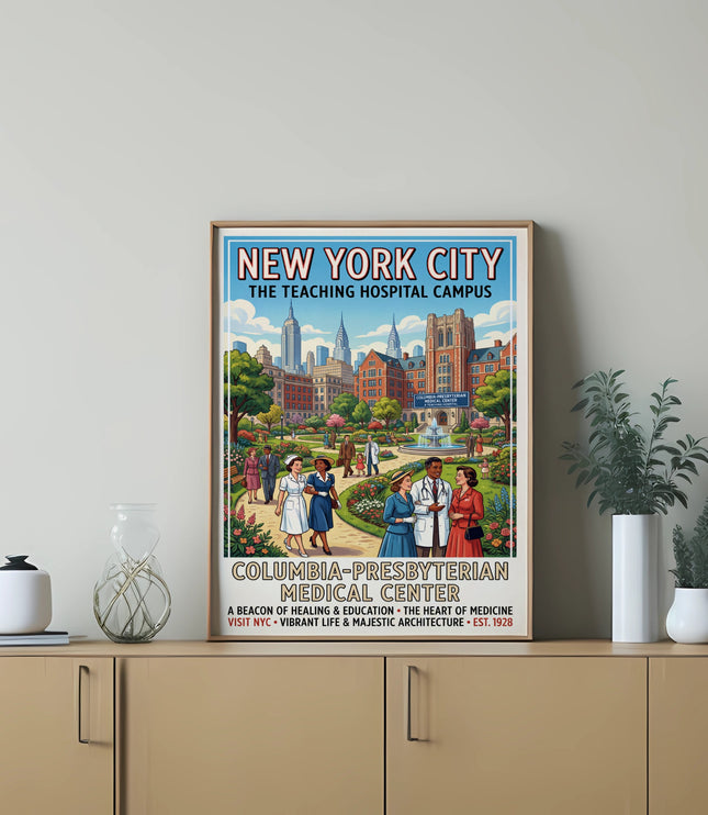 Vintage style poster for Columbia-Presbyterian Medical Center in New York City.