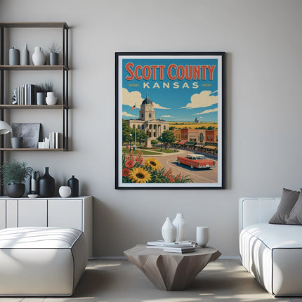 Scott County Kansas poster with vintage car and sunflowers, framed.