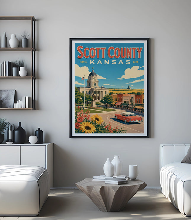 Scott County Kansas poster with vintage car and sunflowers, framed.