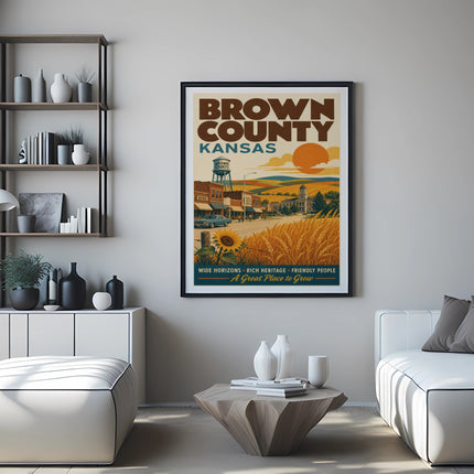 Brown County Kansas poster with rural scene and text "A Great Place to Grow".