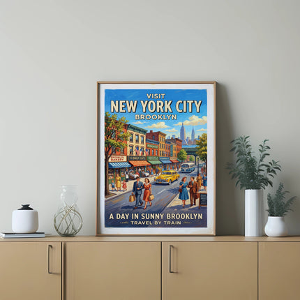 Vintage travel poster for Brooklyn, New York City, featuring a street scene.