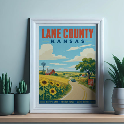 LANE COUNTY KANSAS travel poster with farm, sunflowers, and text.